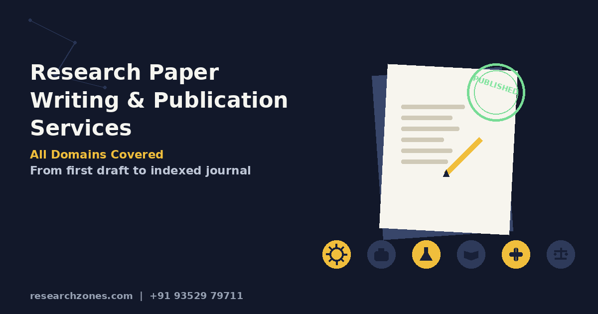 Research paper writing and publication services for all domains — pen writing on paper with a published stamp and engineering, management, science, humanities, medical, and law icons