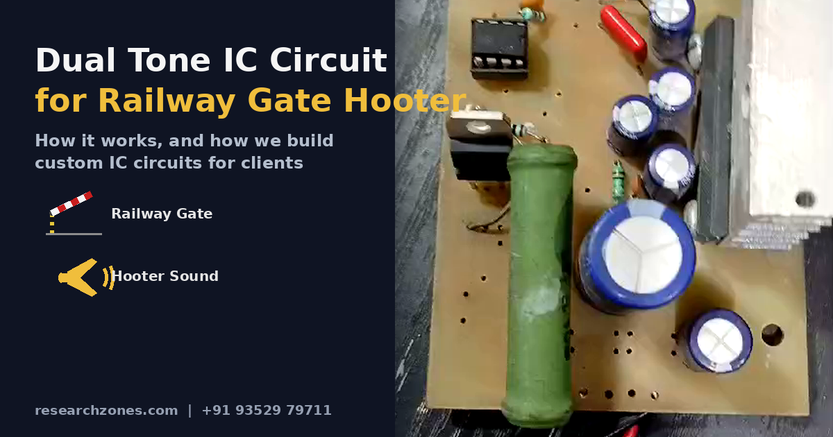 Dual tone IC circuit board for railway gate hooter alarm, with railway gate and hooter sound icons