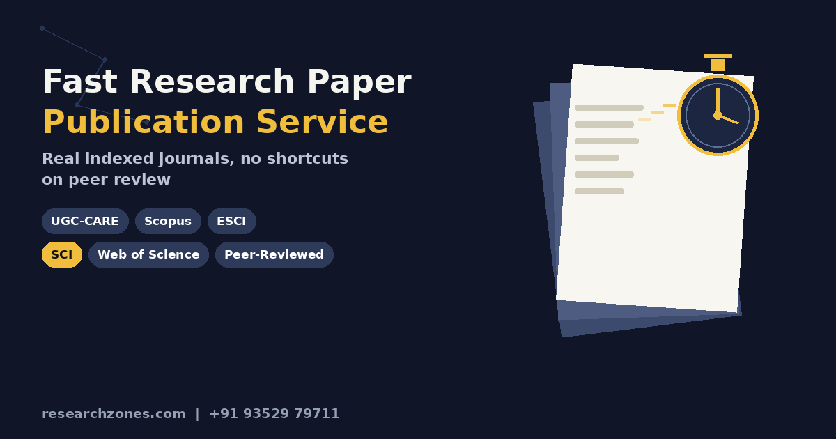 Fast research paper publication service for UGC-CARE, Scopus, ESCI, SCI, and Web of Science indexed journals — manuscript and stopwatch illustration