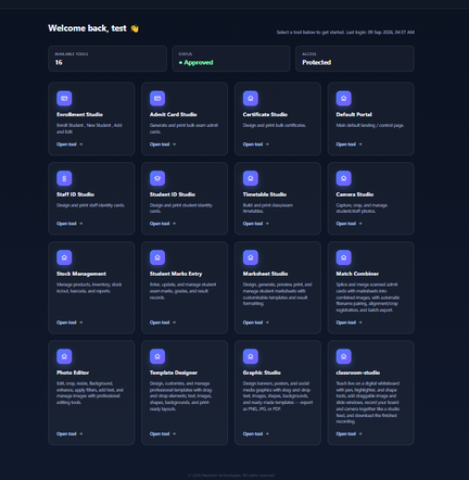 NextGen Technologies School ERP dashboard showing 16 built-in tools including Enrollment Studio, ID card studios, Marksheet Studio, and classroom-studio