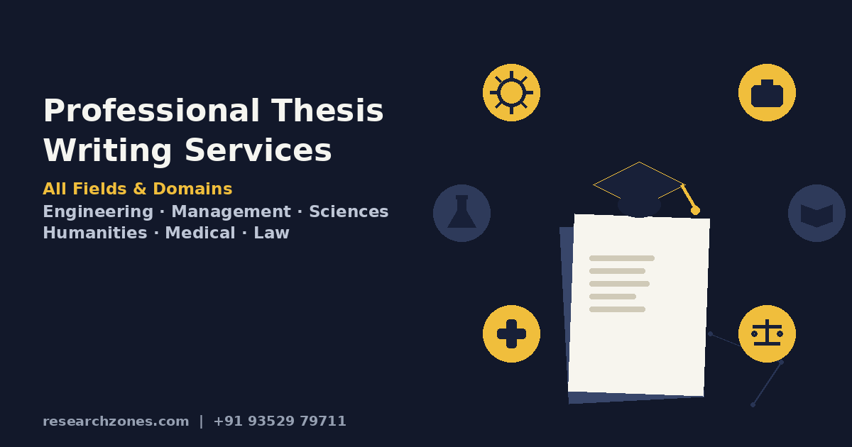 Professional thesis writing services for all fields and domains — graduation cap on thesis document surrounded by engineering, management, science, humanities, medical, and law icons