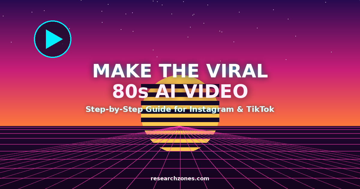 Synthwave-style 80s AI video trend guide cover with neon grid, retro sun, and VHS play button icon