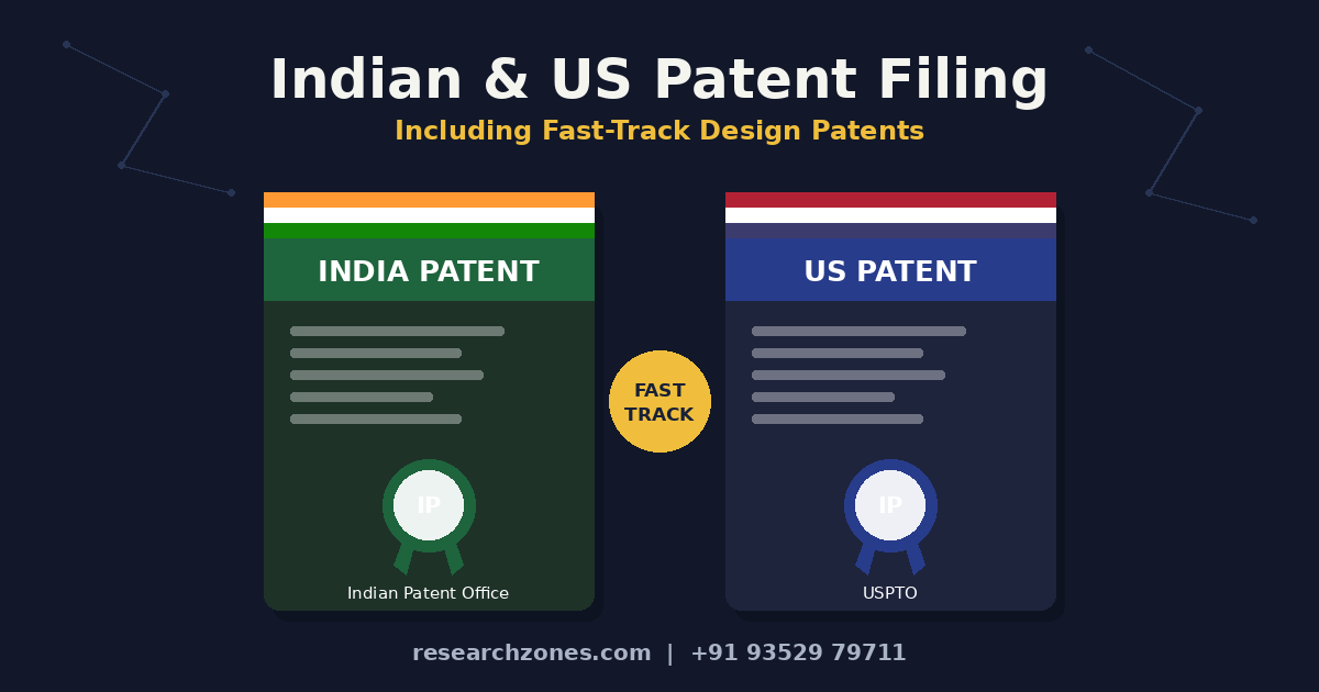 Indian and US patent filing services with fast-track design patents — India Patent Office and USPTO certificate icons